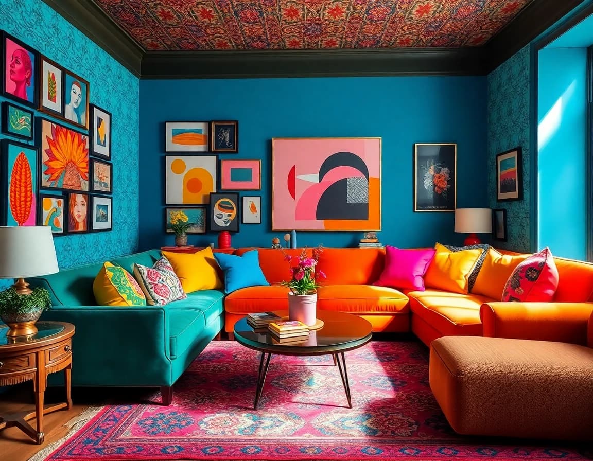 Bold maximalist dopamine decor with vibrant colors and patterns